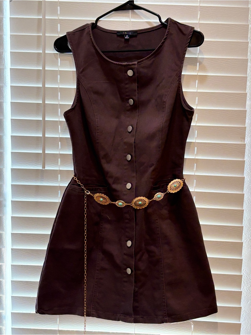 iris Chocolate Brown Sleeveless Button-Front Mini Dress with Gold Chain Belt